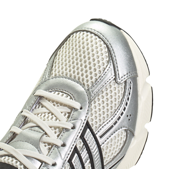 Women’s sneaker toe and lace area, silver perforated mesh and white laces