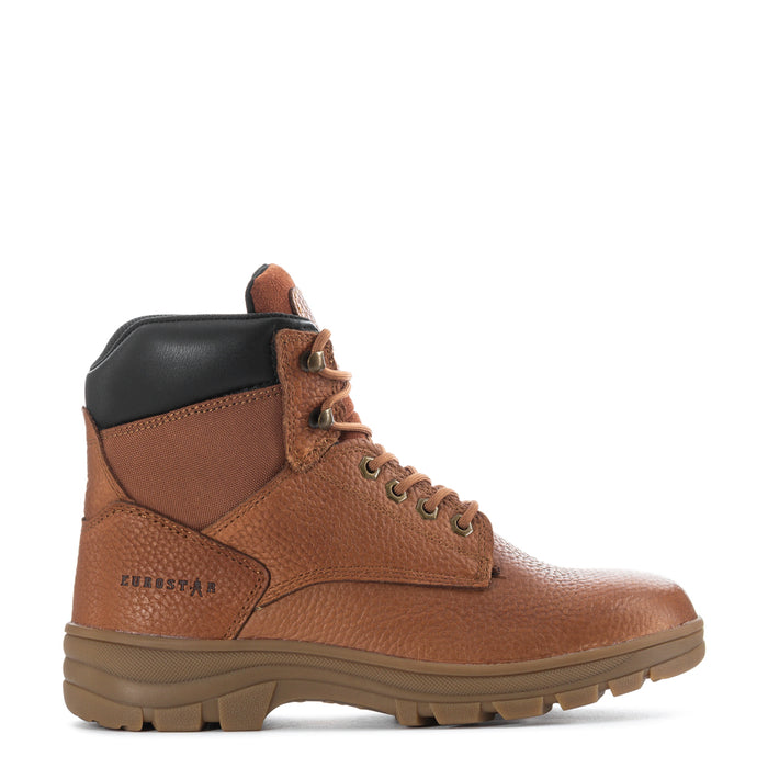 Men's tan leather lace-up work boot with black collar and rugged rubber sole