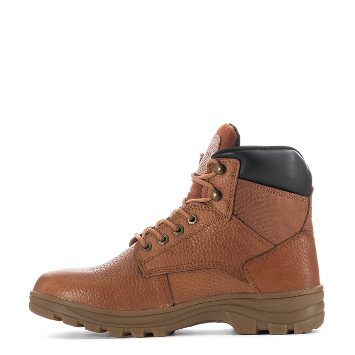 Men's tan lace-up ankle boot in textured leather with black padded collar