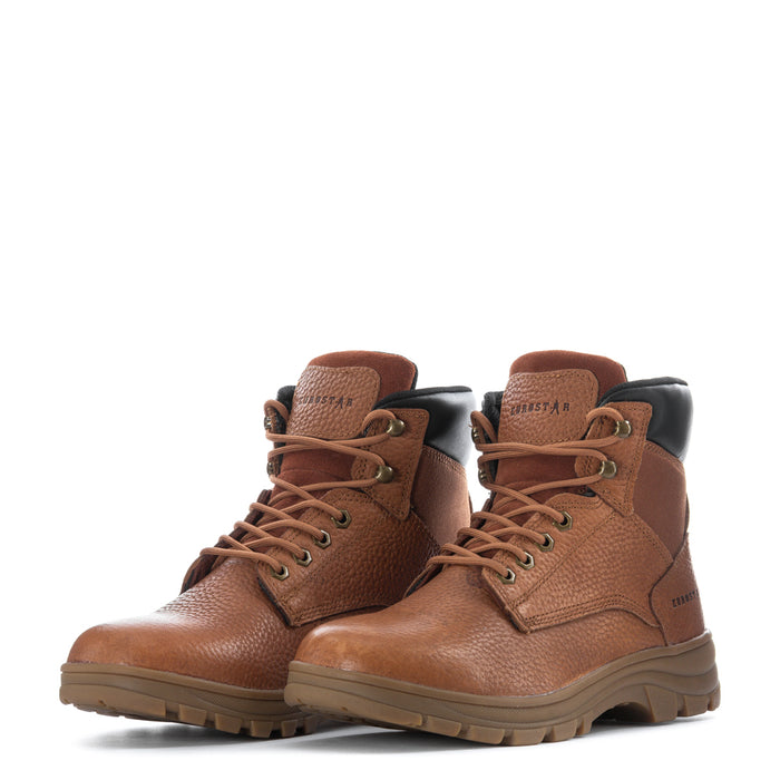 Men's tan leather lace-up boots, side-by-side view, black heel panel and sole