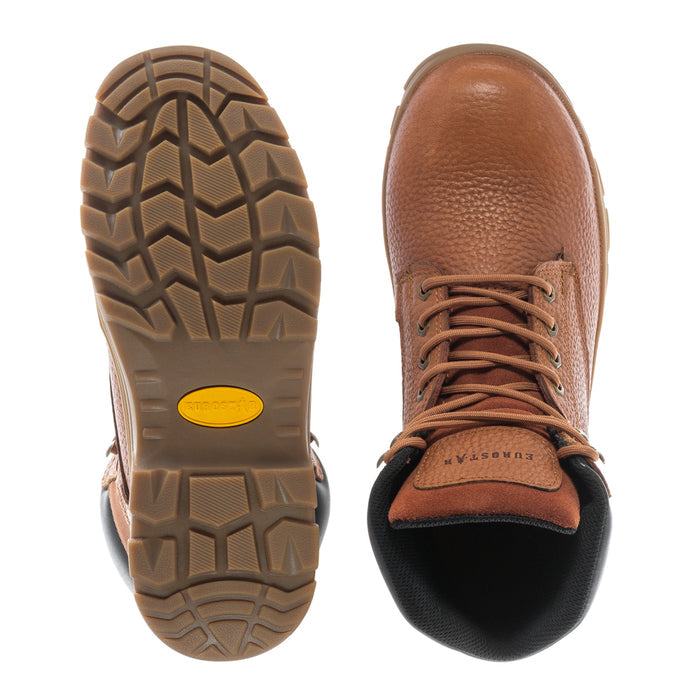Men's tan boot outsole and front view, brown laces, black padded collar