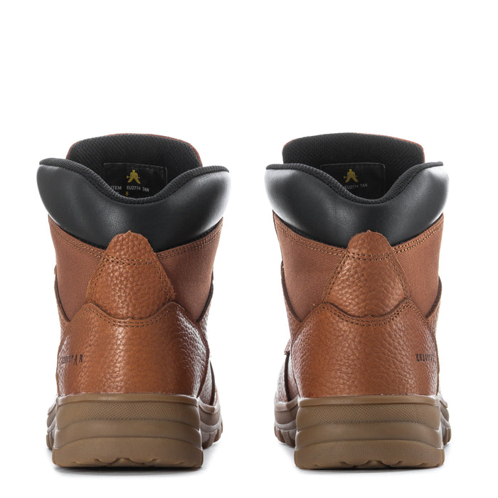 Men's tan leather lace-up boots, heel/back view with black collar and cushioned lining
