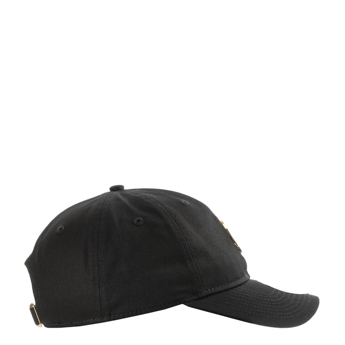 Black baseball cap with curved brim and small gold side detail