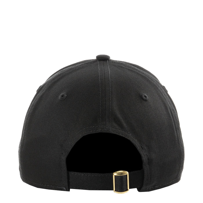 Black baseball cap with adjustable gold buckle strap at back