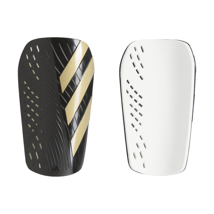 Slip-in shin guards, black with gold stripes and white with vented cutouts