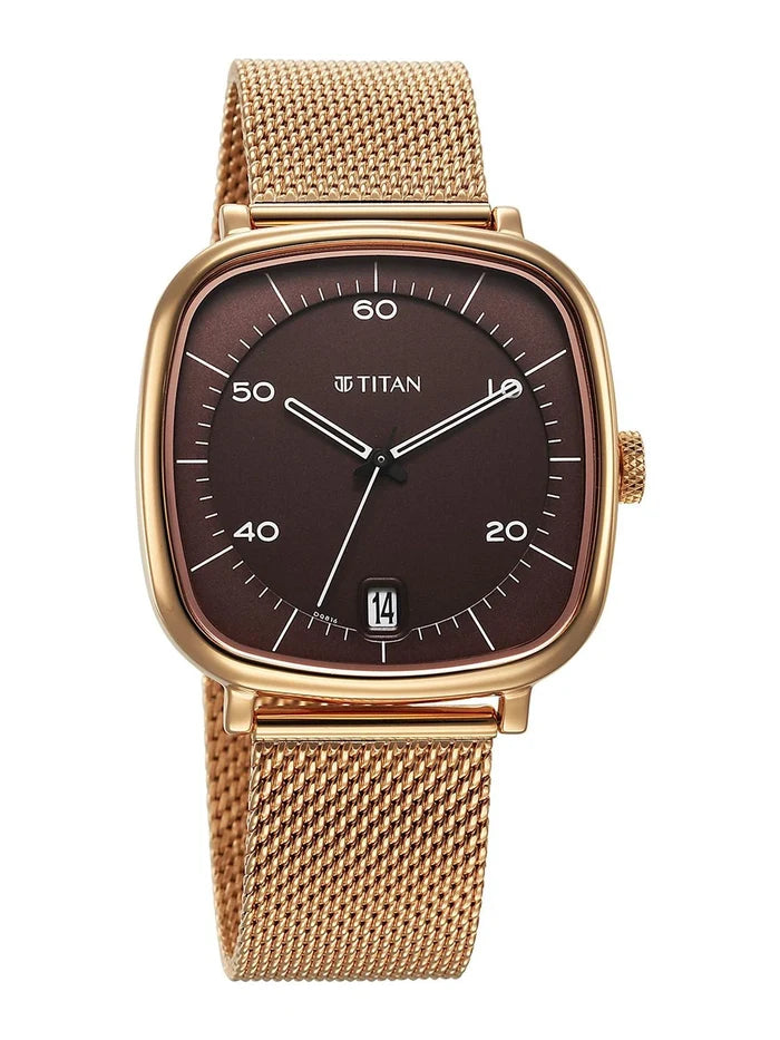 Titan Brass Dial & Stainless Steel Bracelet Style Strap Analogue Watch - 1885WM01