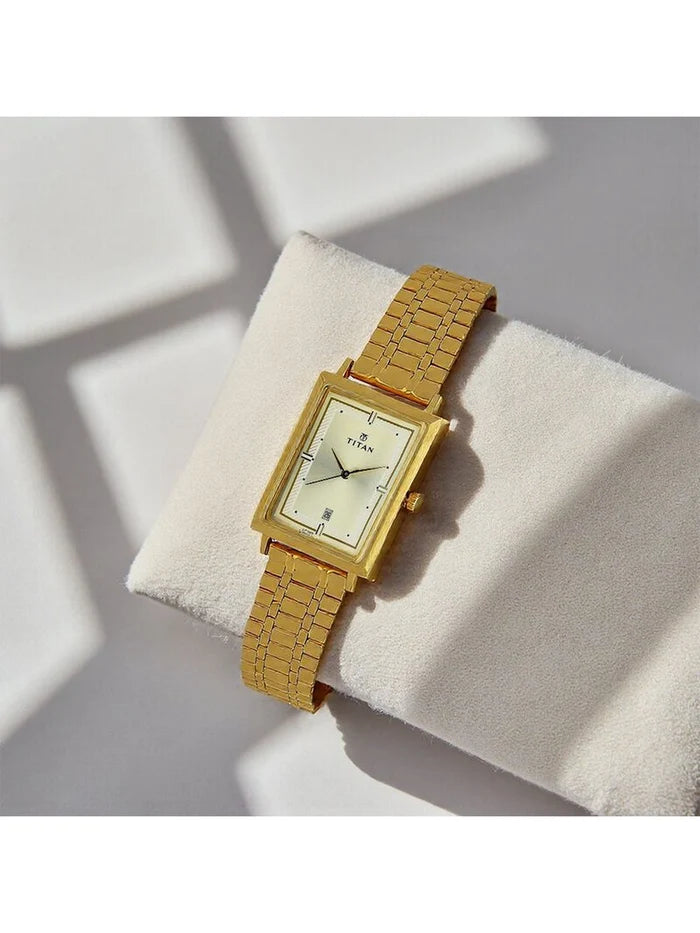 Titan Rectangular Champagne Dial Analog Watch - NU1715YM02