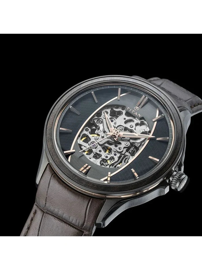 Titan Round Black Dial Analog Watch With Leather Strap - NS1793KL01