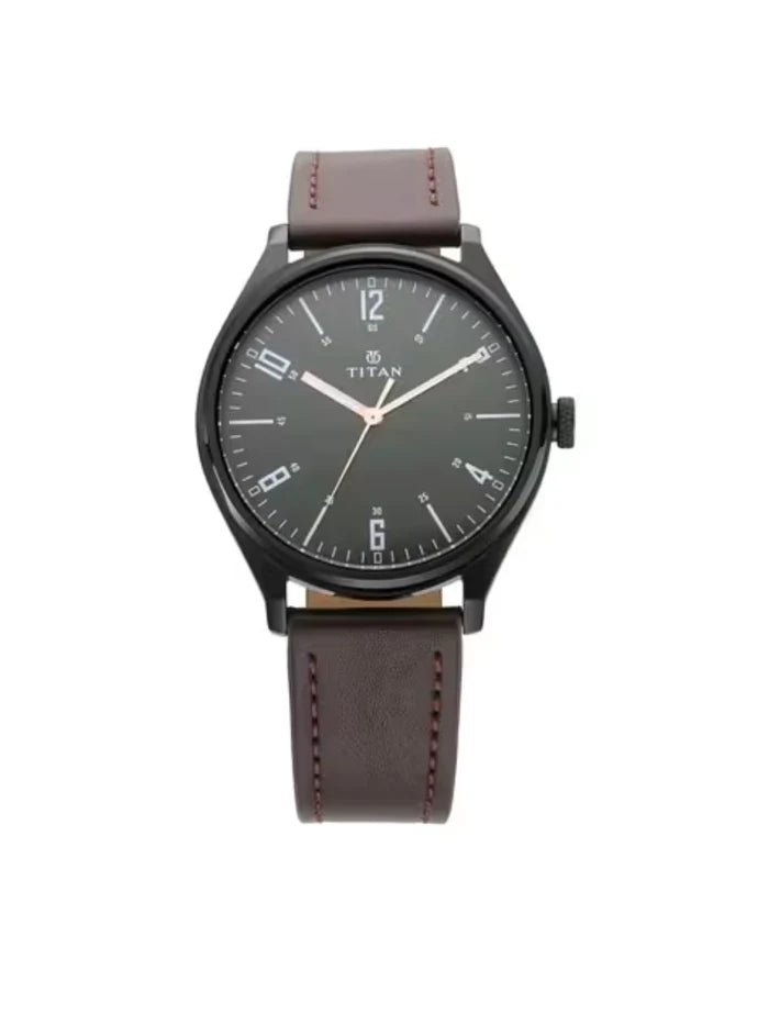 Titan Round Black Dial Analog Watch With Leather Strap  - NU1802NL01