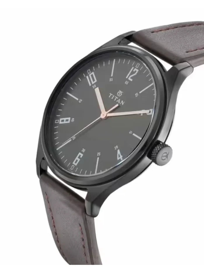 Titan Round Black Dial Analog Watch With Leather Strap  - NU1802NL01