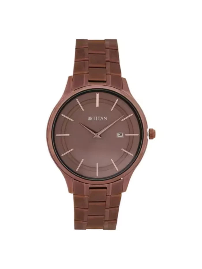 Titan Round Brown Dial Analog Watch With Day & Date Display & Metal Strap  - NT90142QM05