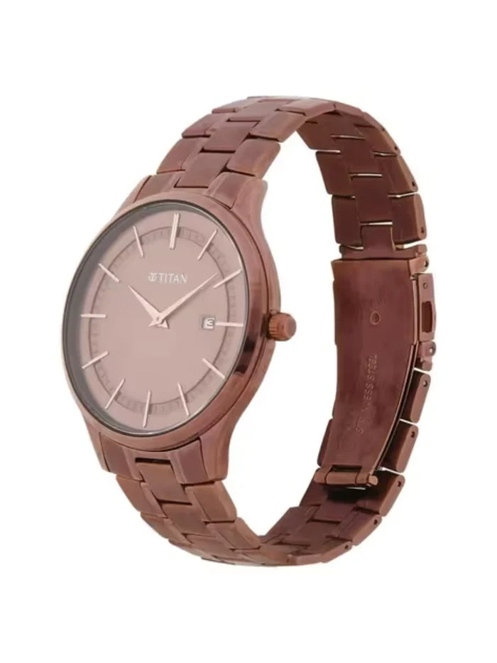 Titan Round Brown Dial Analog Watch With Day & Date Display & Metal Strap  - NT90142QM05