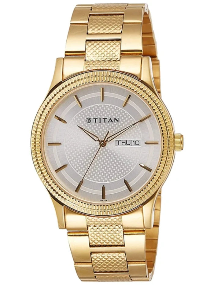 Titan Round Silver Dial Analog Watch With Day & Date Display & Golden Metal Strap  - NL1650YM05