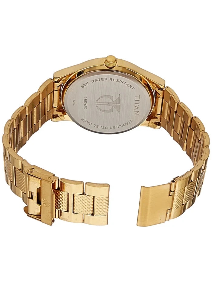 Titan Round Silver Dial Analog Watch With Day & Date Display & Golden Metal Strap  - NL1650YM05