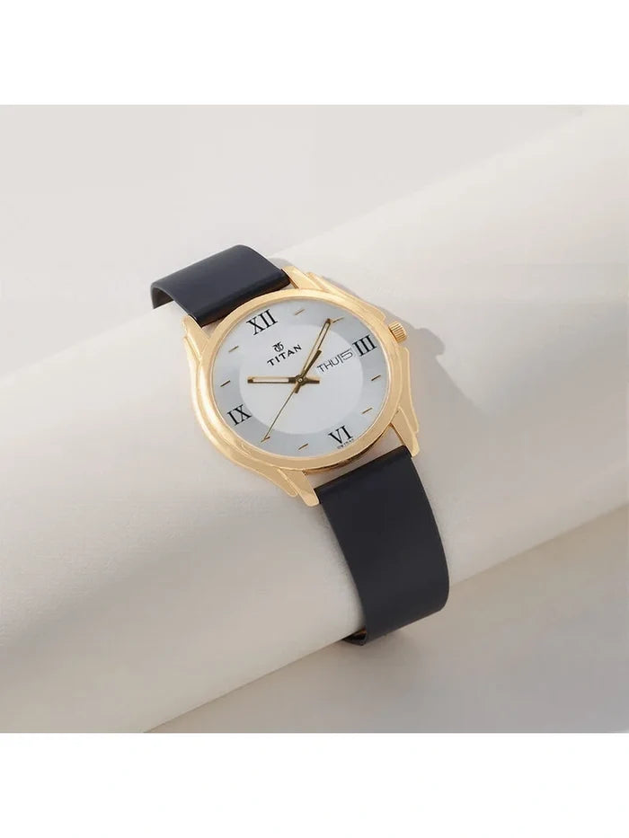 Titan Round Silver Dial Analog Watch With Day-Date Display & Leather Strap - NU1578YL04-MS