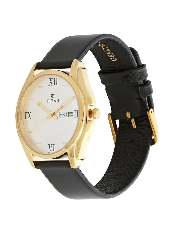 Titan Round Silver Dial Analog Watch With Day-Date Display & Leather Strap - NU1578YL04-MS
