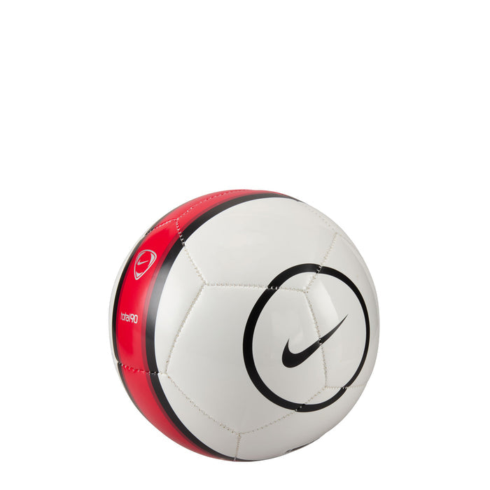 Mini soccer ball in white with red and black panels, Nike Swoosh on front