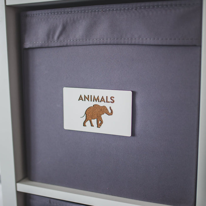 customizable toy bin labels - white MDF - animals - by LeeMo Designs in Bend Oregon