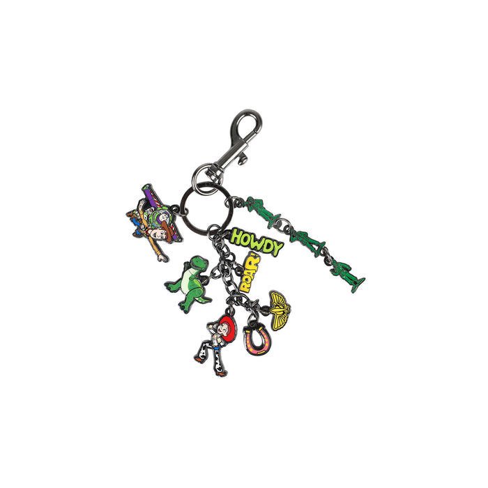 Toy Story bag charm with 'Howdy' tag, character charms, horseshoe, and metal clip