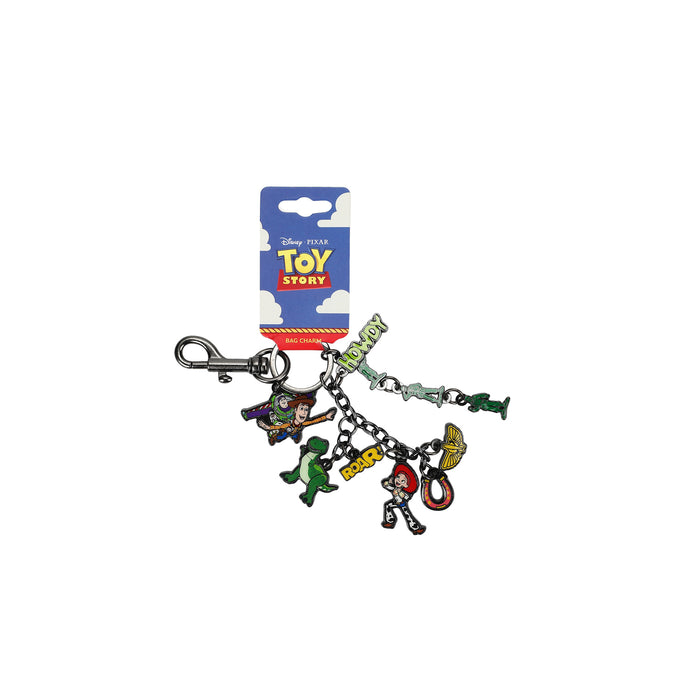 Toy Story bag charm with attached hanging card, character figures, and metal clip
