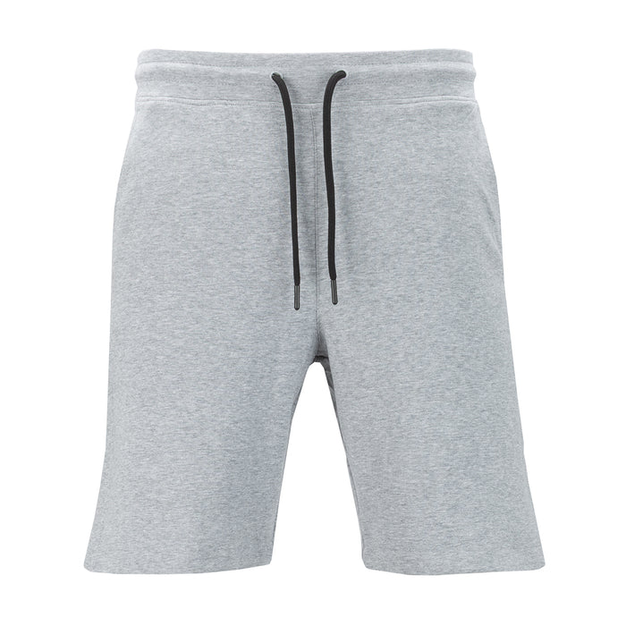 Men's heather grey knit shorts with drawstring waist