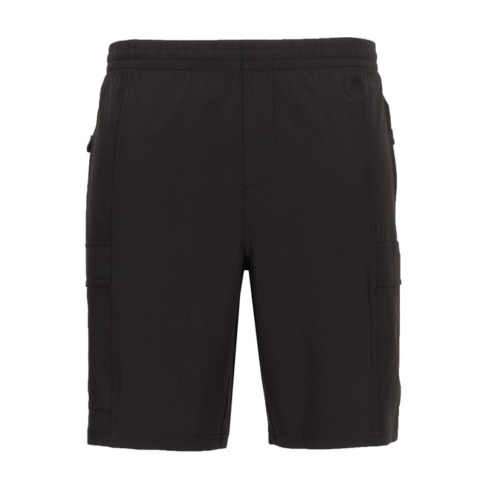 Men's black woven cargo shorts with elastic waist and side cargo pockets