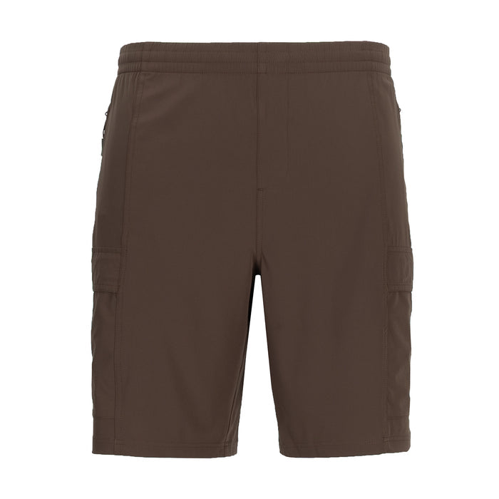 Men's chestnut woven cargo shorts with elastic waistband and front pockets
