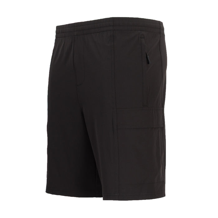 Men's black cargo shorts with elastic waist and flap side pockets
