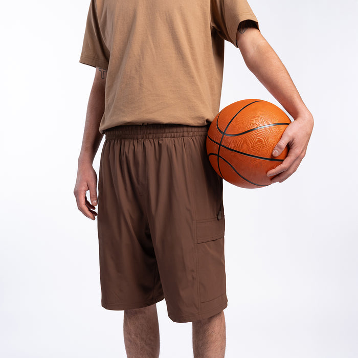 Men's chestnut cargo shorts with side pockets and mid-thigh length