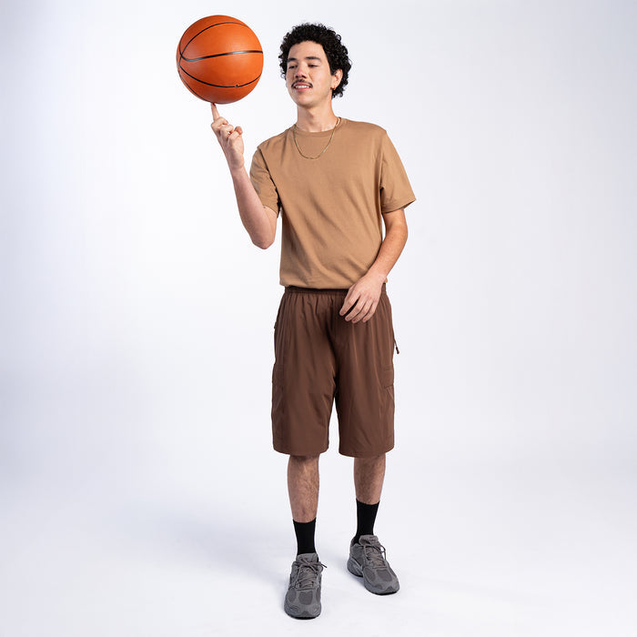 Men's chestnut cargo shorts with elastic waist and multiple cargo pockets