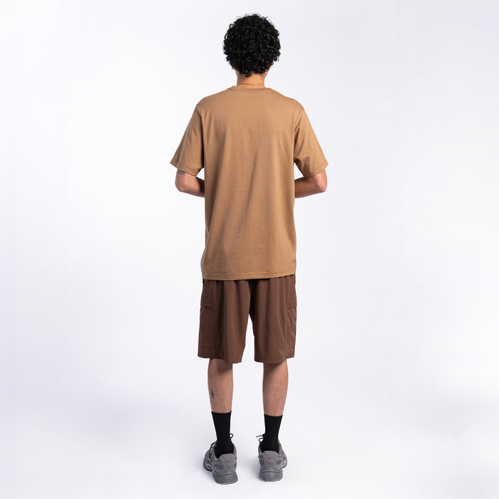 Men's chestnut cargo shorts shown from the back with patch pockets