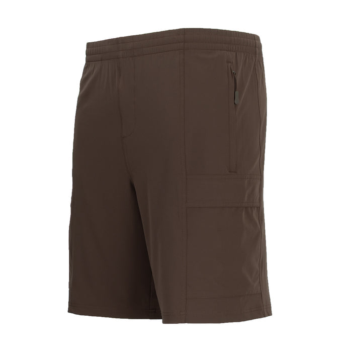 Men's chestnut woven cargo shorts flat view with back flap cargo pocket