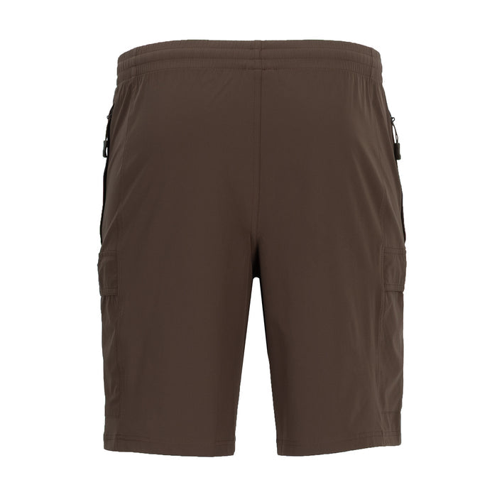Men's chestnut woven cargo shorts back view with side cargo pockets