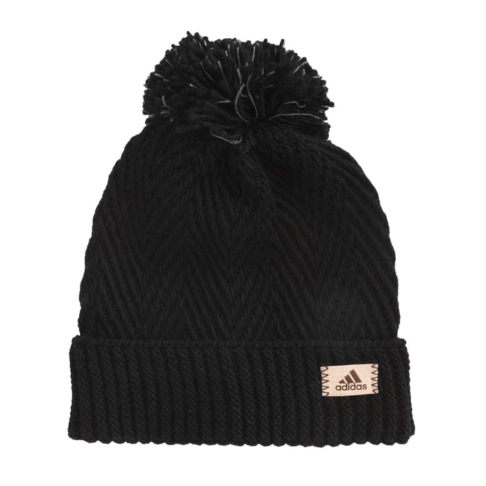Black knit beanie with large pom-pom and adidas logo patch on cuff