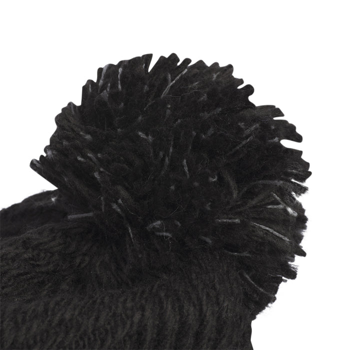 Black knit beanie pom-pom top, textured chunky knit construction