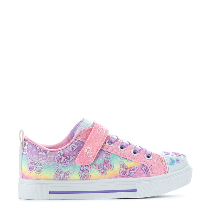 Kids low-top sneakers, pink rainbow fabric with butterfly print and Velcro strap