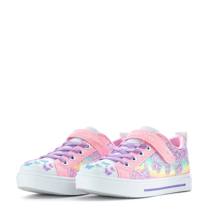 Pair of kids low-top sneakers in pink and rainbow with butterfly graphics and Velcro strap