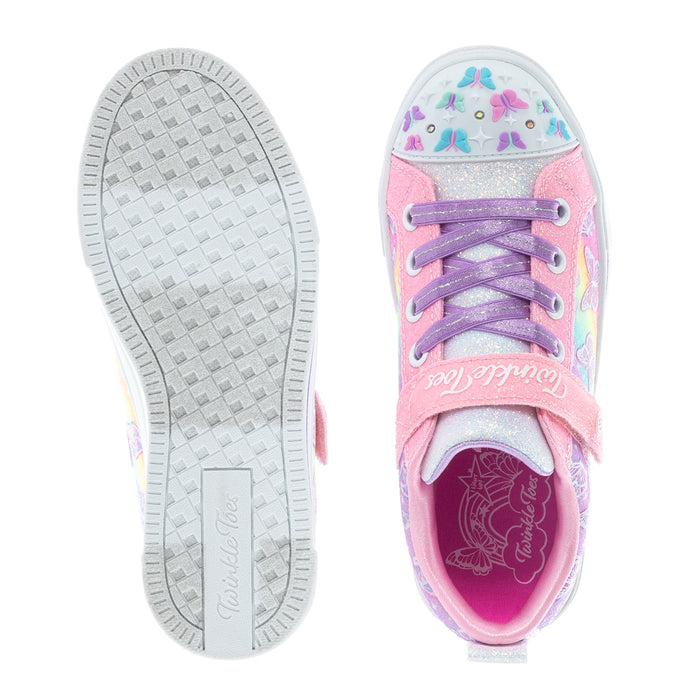 Kids sneakers outsole and heel view; pink upper with butterfly print and purple laces