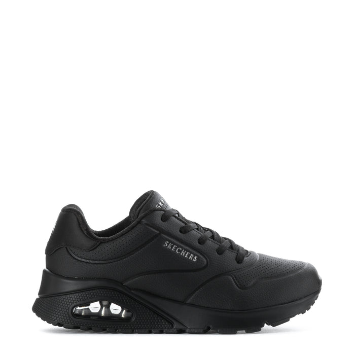 Women's black SKECHERS lace-up sneakers with cushioned, patterned outsole