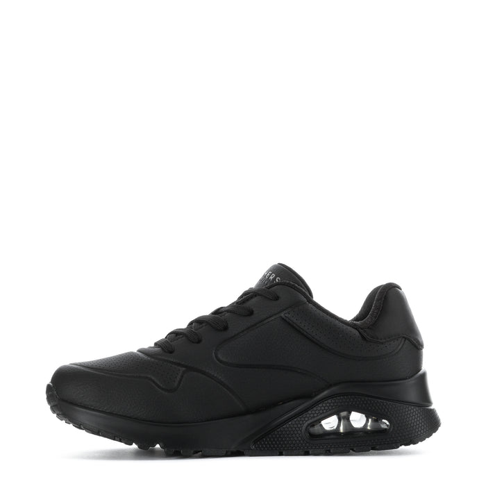 Women's black SKECHERS lace-up sneakers with thick tread outsole
