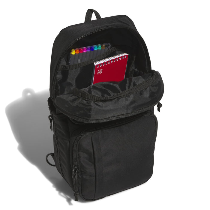 Black utility sling bag open top showing organizer sleeves and mesh compartment