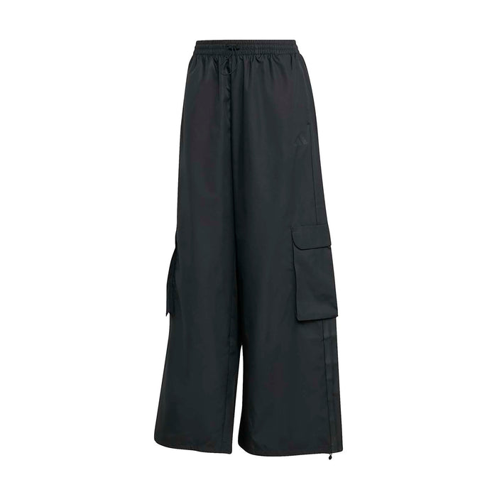 Black utility woven womens pants with elastic waistband and side cargo flap pockets