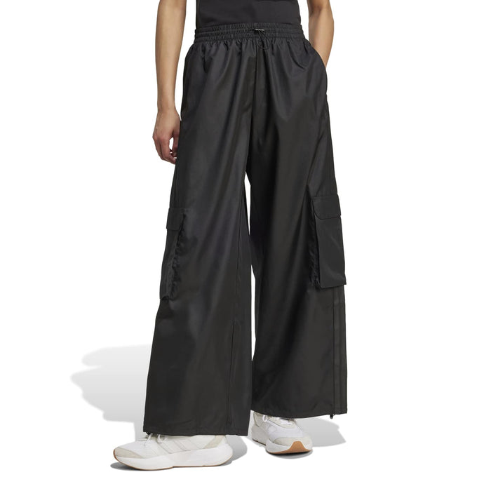 Black wide-leg utility woven pants with cargo flap pockets and elastic waist