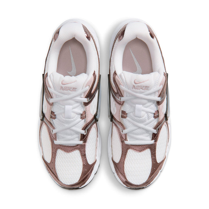Women’s sneakers, top view: white laces with rose and brown panels and mesh uppers