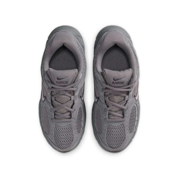 Pair of youth dark gray sneakers with mesh uppers and padded tongue openings