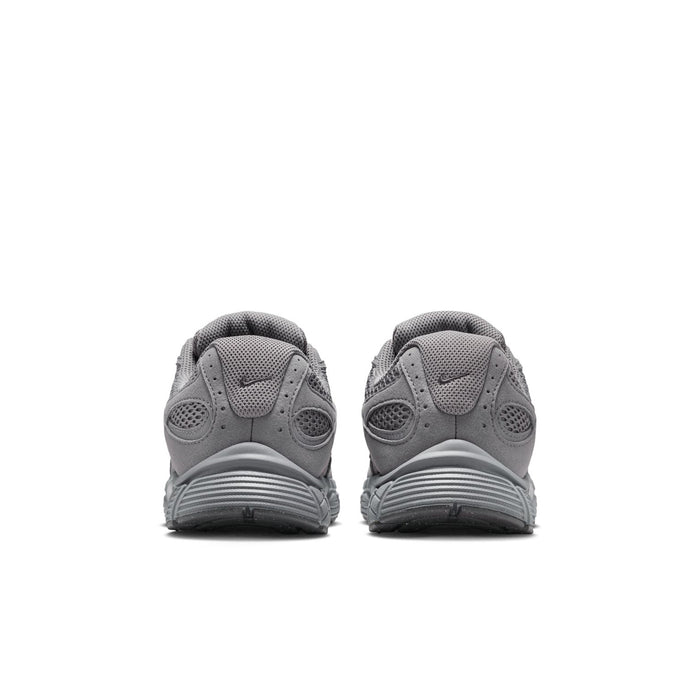 Youth sneakers in dark gray from rear view with cushioned heel and pull tab