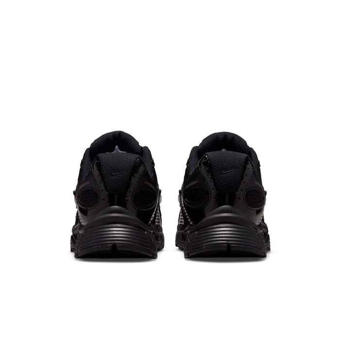 Black womens wide athletic sneakers, rear view with cushioned heel and lace-up collar.