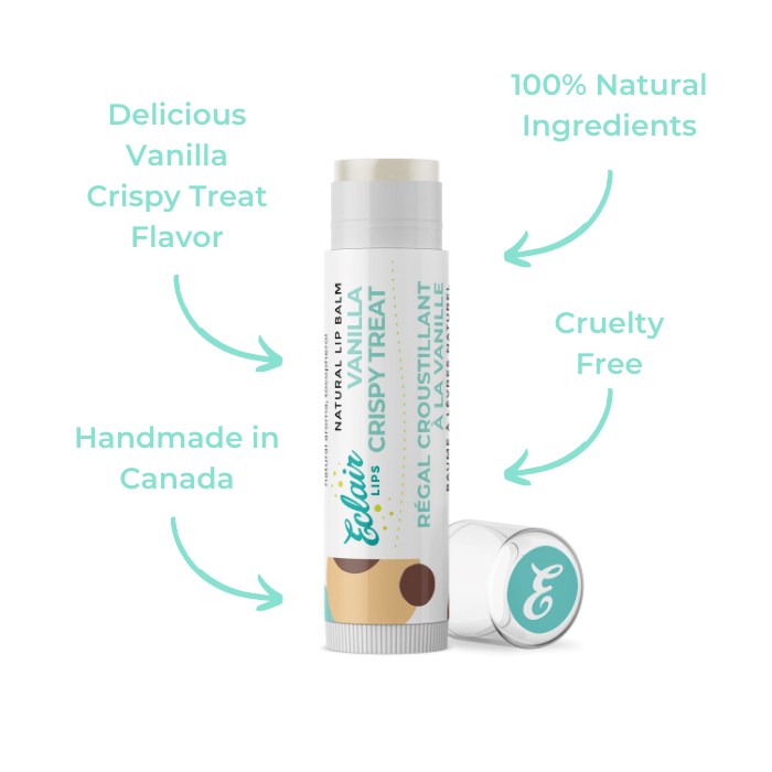 Lip balm with vanilla crispy treat flavor.