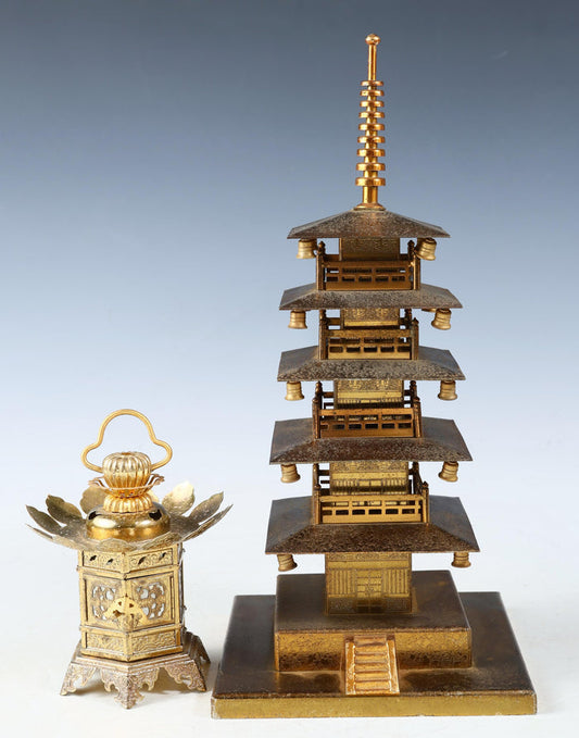 Vintage Brass Figure Five Storied Pagoda and Small Lantern Set