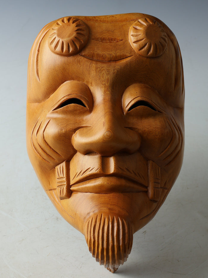Vintage Japanese Hinoki Wooden Noh Mask Okina -With Box